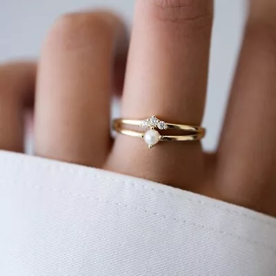 Dainty Pearl Ring Zircon Ring 14k Gold Ring Bridal Jewelry Gift For Women • $43.35