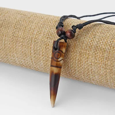 1pcs Man's Tribal Faux Yak Bone Teeth Tooth Totem Pendant Wax Cord Necklace • $3.69