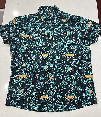 MARC ANTHONY Men XL Shirt Button Up Jaguar Print Black Aqua Gold Jungle Slim Fit • $9.99