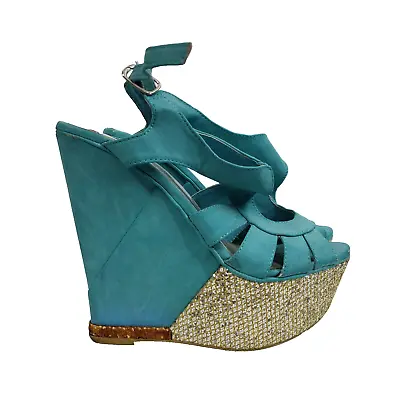 FRH Platform Wedge Heels Teal Blue Suede Silver Open Toe Studded Shoes Size 7 • £17.02