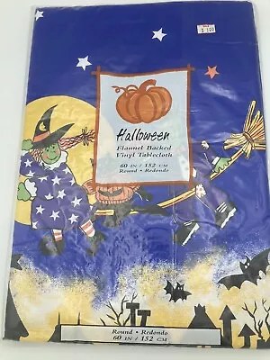 Vintage Halloween Vinyl Tablecloth Flannel Round 60 Inches Haunted Village Kmart • $20