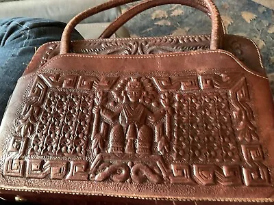 Vtg Aztec Hand Tooled Large Leather Purse Mexico Mayan Headdress Cr Satchel Read • $80