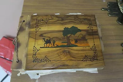 Vintage 1940's Israel Hand Painted Olive Wood Book Cover Album Israeli 7  X 8.5  • $39.95