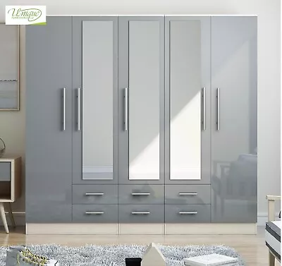 High Gloss 5 Door Mirrored GREY Fitment Wardrobe 6 Drawers BEST SELLER • £469.99