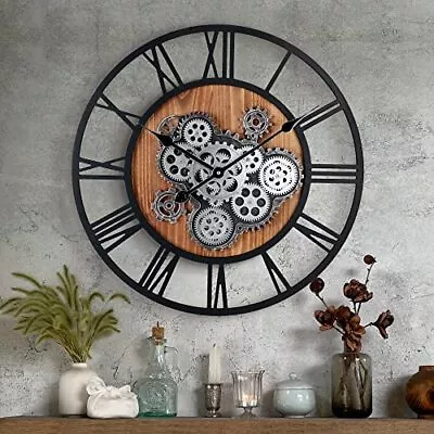 23 Inch Wall Clock With Moving Gears. Roman Numeral Wooden Large Moving Gears • $106.24