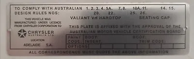 $165 • Buy Blank Valiant VH Hardtop Body ID Plate