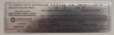 $165 • Buy Blank Valiant VH Hardtop Body ID Plate