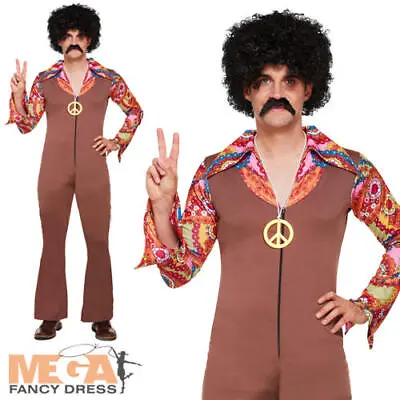 1970s Hippie Mens Fancy Dress Groovy Disco Jumpsuit Adults 70s Costume Outfit • £14.49