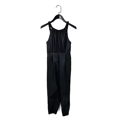 Zara Black Faux Leather Ruched Tapered Leg Cuffed Jumpsuit - Size 8Y • £13