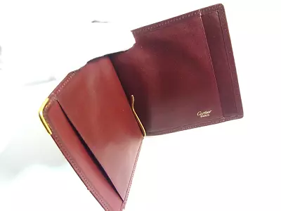 Vintage Cartier 2C Bordeaux Leather Money Clip Bill Card Pocket Wallet Rare • $100