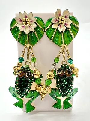 Vintage Signed Lunch At The Ritz Lilly Pad French Toads Enamel Crystal Earrings • $75