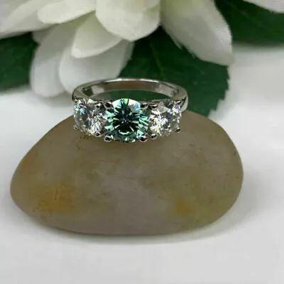 Round Cut Diamond Blue Moissanite 3 Stone Wedding Ring 14K White Gold Over 2 TCW • $87.99