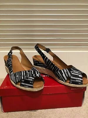 Michelle D Vienna Congo Black White Combo Strappy Slingback Espadrille Wedge 10 • $9.99