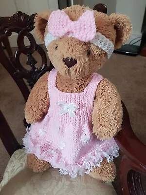 £4.50 • Buy Hand Knitted Teddy Bear Clothes Baby Pink Dress/headband And  Bows  F14/15  Bear