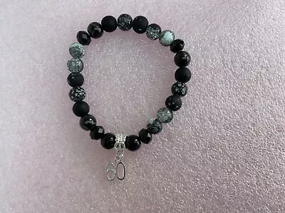 60th BIRTHDAY GIFT ELASTICATED BRACELET BLACK GLASS BEADS AGE 60 CHARM GIFT BAG • £4.39