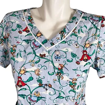 Mary Engelbreit Fairy Tales Beanstalk XS Pale Blue Scrub Top • $15.99