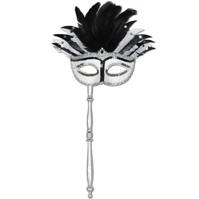 £15.46 • Buy Black & White Feathered Mardi Gras Mask With Stick Mardi Gras Half Masks Decor