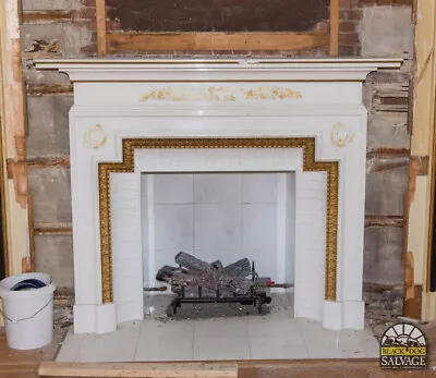 White Marble Mantel 76 H X 61 W Gold Trim Reclaimed NJ Estate • $3649.99