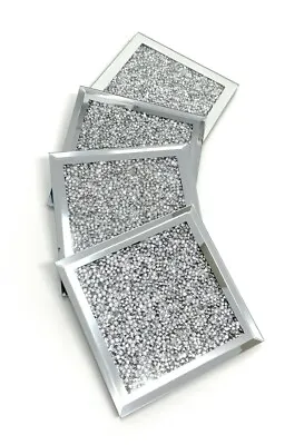 Set Of 4 Square Mirrored Crushed Crystal COASTERS Sparkle Table Diamond Glitter  • £10.49