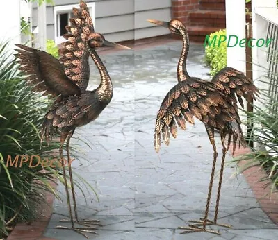 Bronze Crane Pair Metal Garden Statue Heron Bird Sculptures 28 H ~ Set Of 2 • $167.90