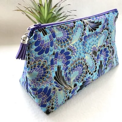 Large Japanese Print Peacock Plum Feathers Cosmetic Makeup Bag Handmade • £15.95