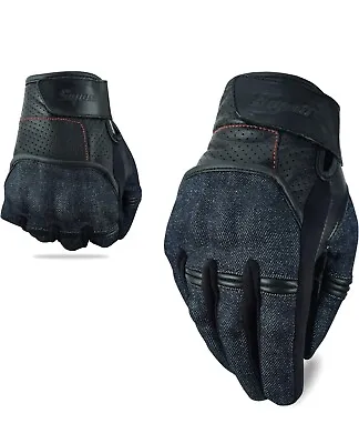 Denim Leather Motorcycle Gloves: Touchscreen Knuckle Protection Durable • $21.95