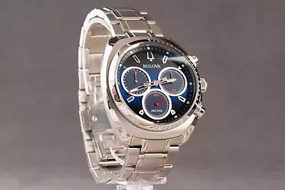 Mens Bulova Curve 96a185 Blue Dial Stainless Steel Chronograph Wrist Watch ~wa • $349.95