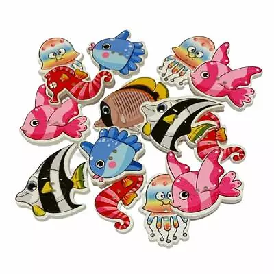 £2.99 • Buy 30 Wooden Fish Buttons - Mixed Designs - Craft - Scrapbook - Sewing - Cardmaking