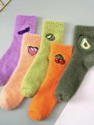 Women Avacado Aubergine Kiwi Peach Cherry Fluffy Cute Soft Print Crew Socks • £7.99