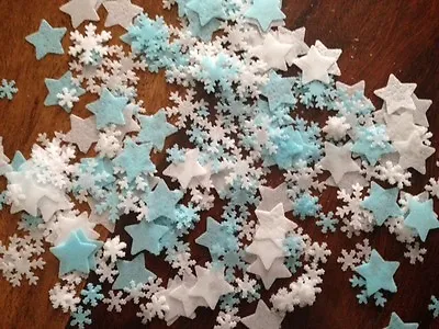 300 WHITE BLUE Edible Rice Paper Stars Snowflake Cake Cupcake Toppers Frozen • £2.85