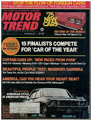 Sept 1974 Issue Of Motor Trend Magazine  Chevy's V-8 Monza New Nova • $12