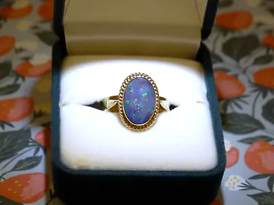 Vintage 9ct Yellow Gold Black Opal Doublet Ladies Ring - Size O - 3.73 Grams • $350