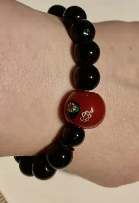 Vintage Murano Glass Beads Millefiori Bracelet Red And Black Stretch Stackable • $6