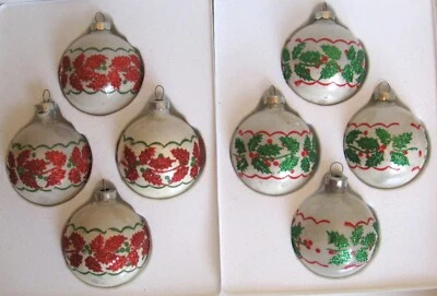 $12.95 • Buy 2 Boxes Vintage Rauch Pyramid Glitter Glass Christmas Ornaments Red Green Holly