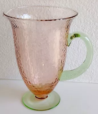 Vintage Depression Watermelon Glass Pink Optic Pitcher With Green Handle & Foot • $49.99