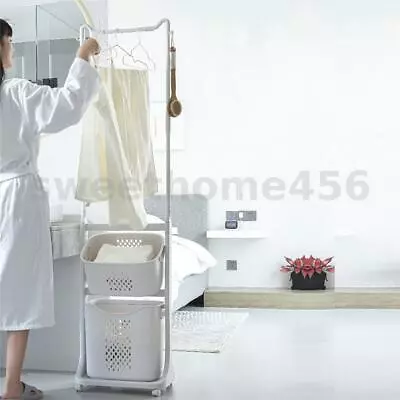 $63.93 • Buy Rolling Garment Organizer Laundry Cart On Wheels W/ Double Pole Rack Hamper Rack