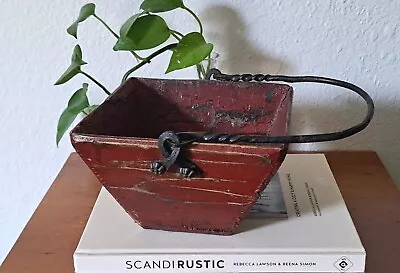 Rustic Red Dovetail Pail Small Wooden Farm Berry Basket Iron Handle Vintage  • $49.95
