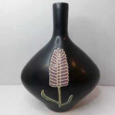 Vtg Black Pottery Vase Handpainted Lavender Floral Design Quality Heavy Vietnam  • $37.72
