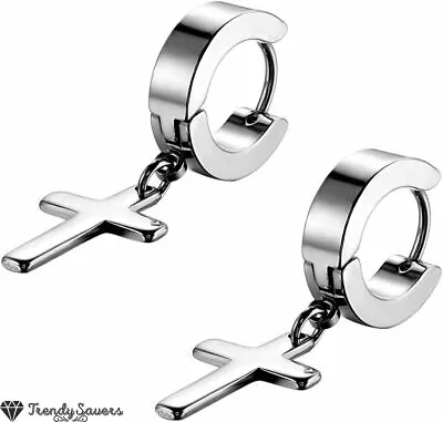 Men Women 316L Surgical Smooth Silver Steel Huggie Hoop Earrings Dangling Cross • £3.99