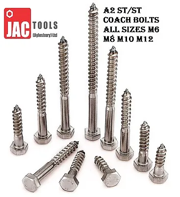 Hex Head Coach Screws A2 Stainless Steel For Wood Heavy Duty Bolt M6 M8 M10 M12 • £2.29