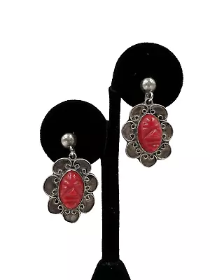 Antique Sterling Silver Flower Red Coral Carved Face Earrings Mexico 1930 Dangle • $19.99