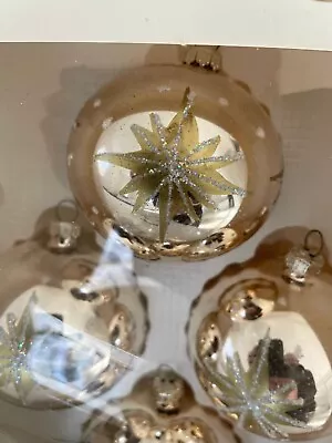 8 VTG Glass ATOMIC Starburst Dots MICA Glitter Christmas Tree Ornament GOLD BOX • $14.98