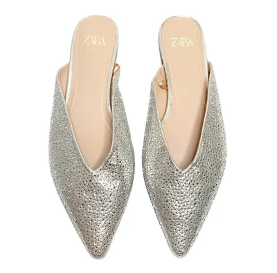 Zara Women’s Bejeweled Vamp Mules Silver Sparkle Size 6.5 / EU 37 NWOT • £77.14