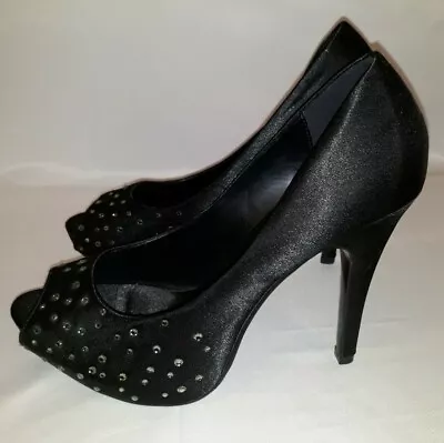 £23.89 • Buy Lulu Townsend Open Toe Pump Slim Heel Womens Black Satin Shoes Size 9 Studded 