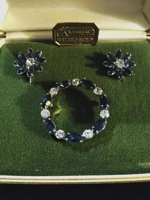 Vintage Krementz Blue Flower Set Brooch Earrings 14k Gold Overlay Rhinestone • $34.99