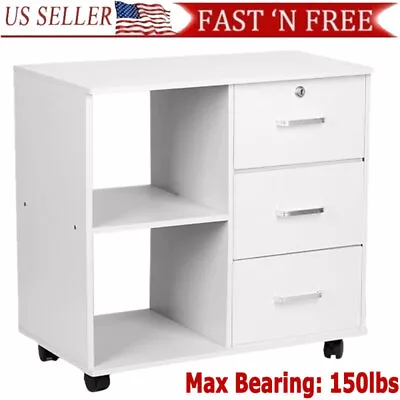 Lateral File Cabinet Printer Stand With 3 Drawers & Open Storage Shelves White • $63.99