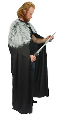 Viking Norse Medieval 60  Black Long Cape Cloak Grey Wolf Faux Fur Collar  • £22.95