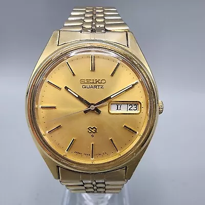 VTG Seiko SQ Watch Men 35mm Gold Dial Gold Tone Daydate Round 7546-7130 New Batt • $99.99