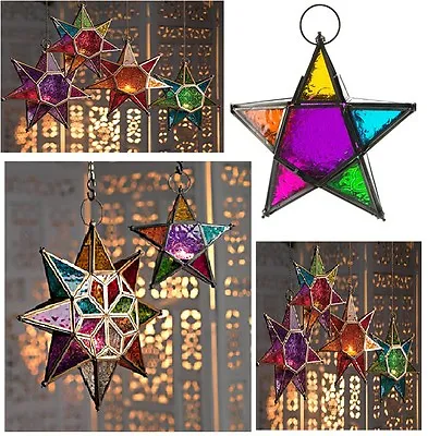 Moroccan Style Star Hanging Glass Lantern Tea Light Holder Coloured Home Garden  • £19.95