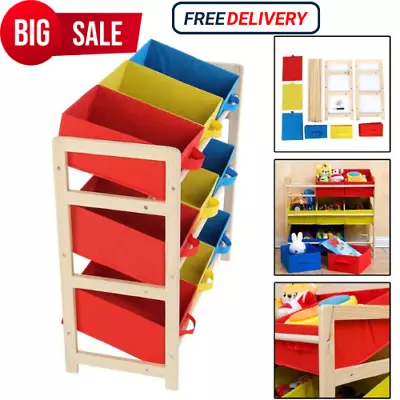 Childrens Kids 3 Tier Toy Storage Unit Bedroom Shelf Unit 9 Canvas Boxes Drawers • £32.45